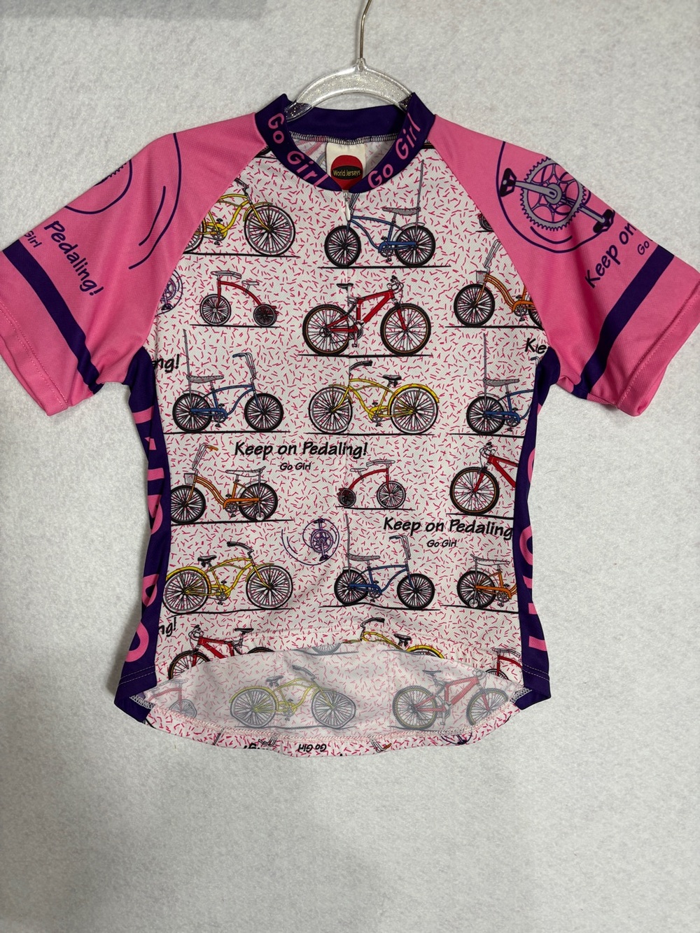 Pink Bicycle Print Kids Cycling Jersey World Jersey Size Small